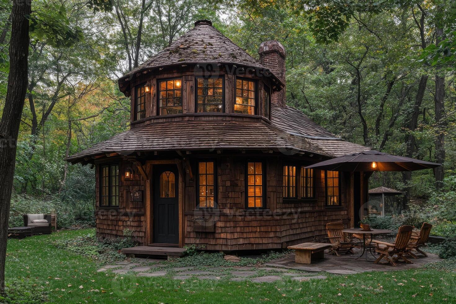 Cozy round wooden house illuminated at twilight in a lush forest photo