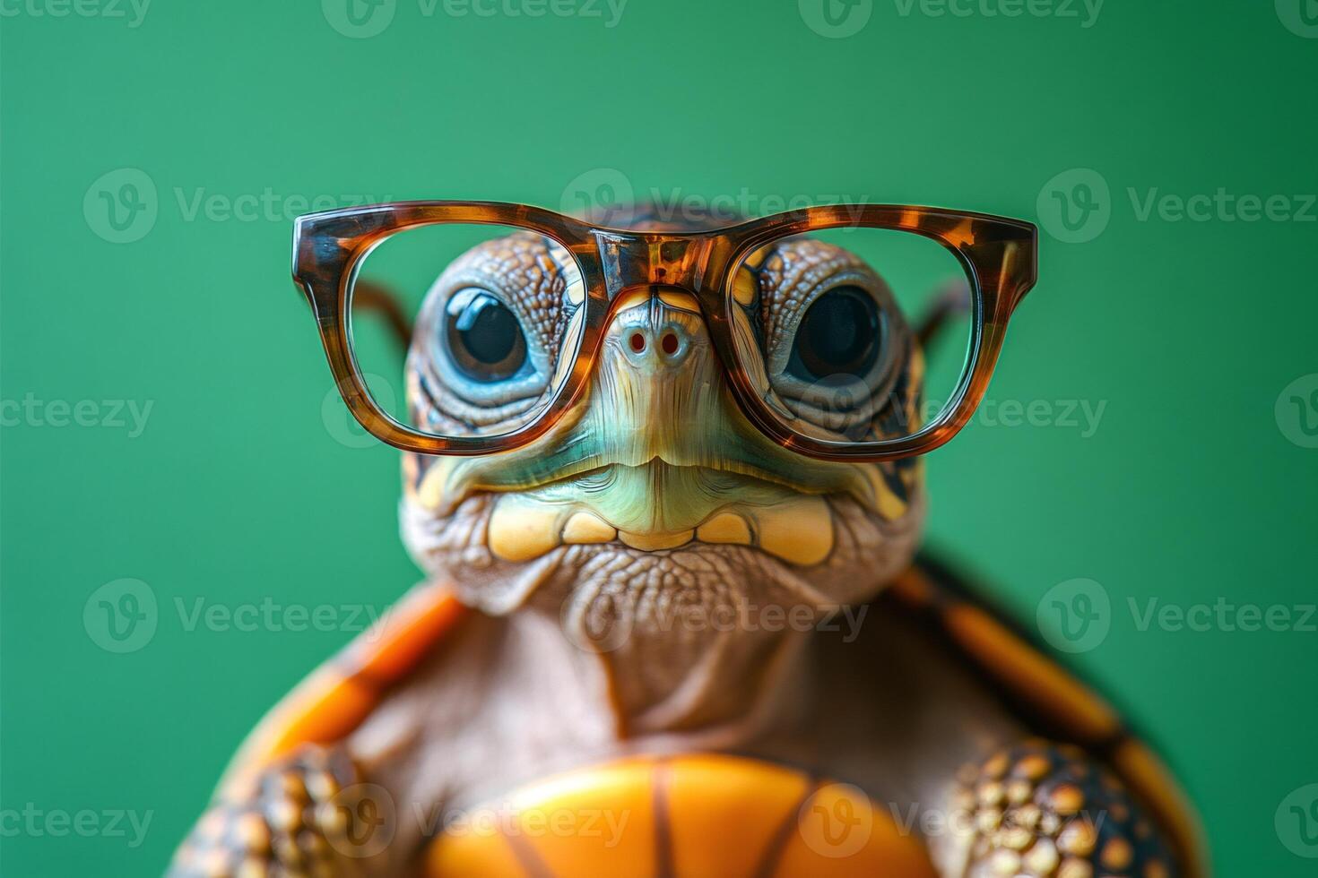 Smart turtle wearing eyeglasses on a green background photo