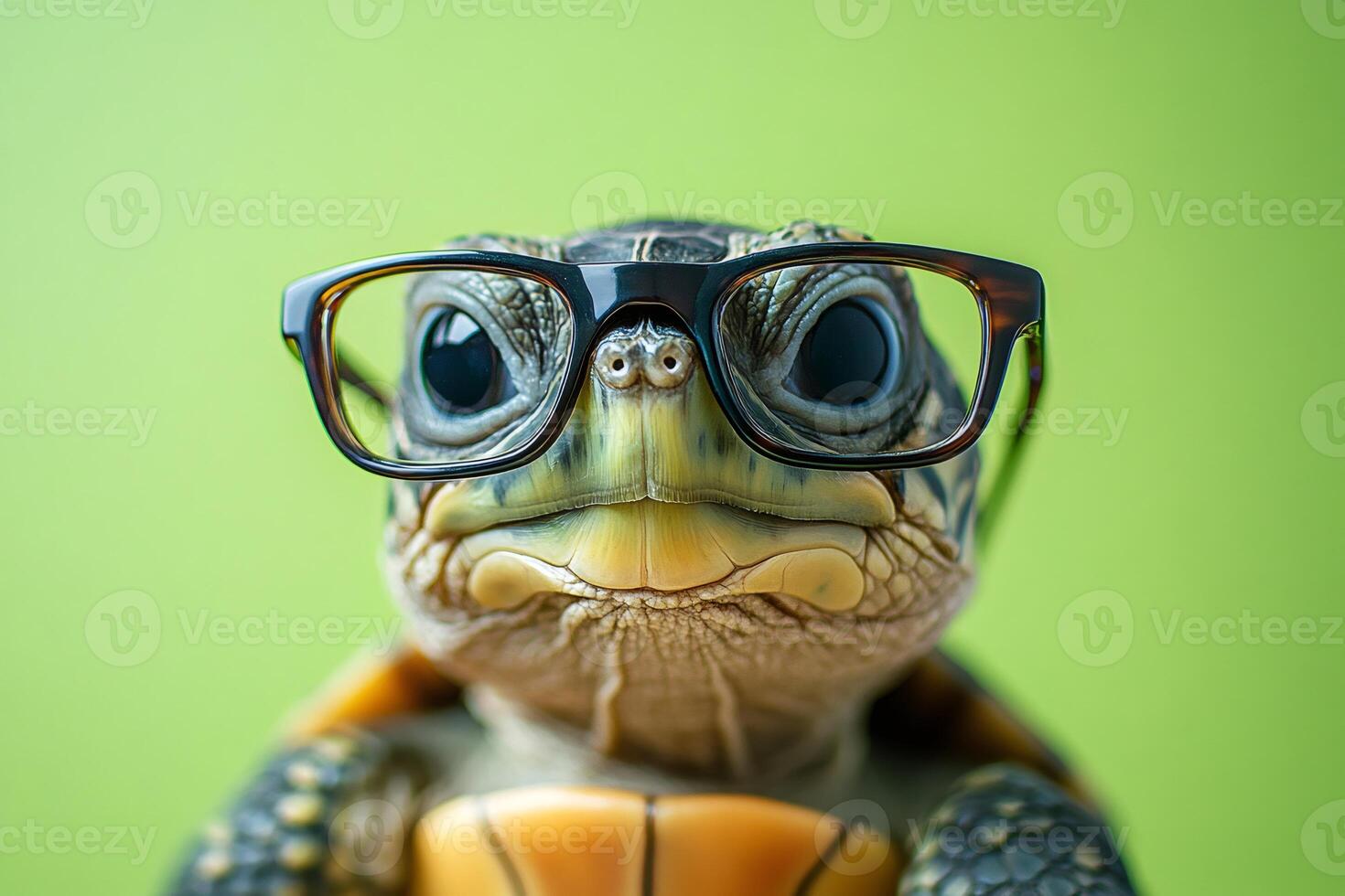 Smart turtle wearing eyeglasses on a green background photo