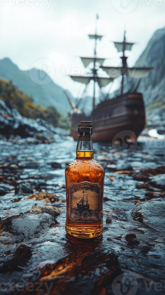 Bottle of rum resting on rocks with galleon in the background photo