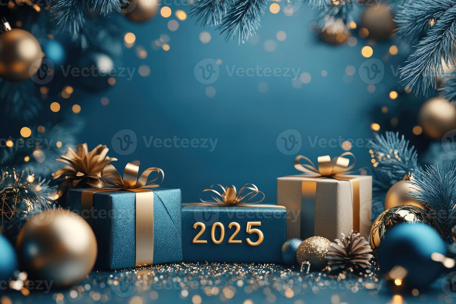 Christmas gifts and ornaments celebrating new year 2025 with blue background photo