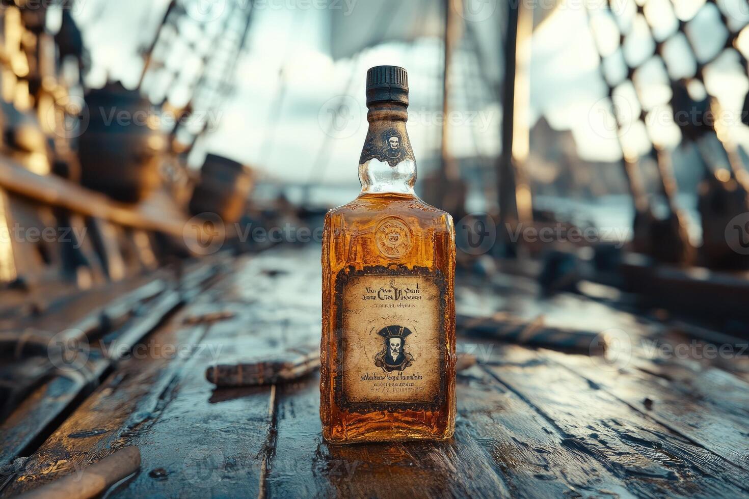 Bottle of rum sitting on a wooden surface of an old ship during sunset photo