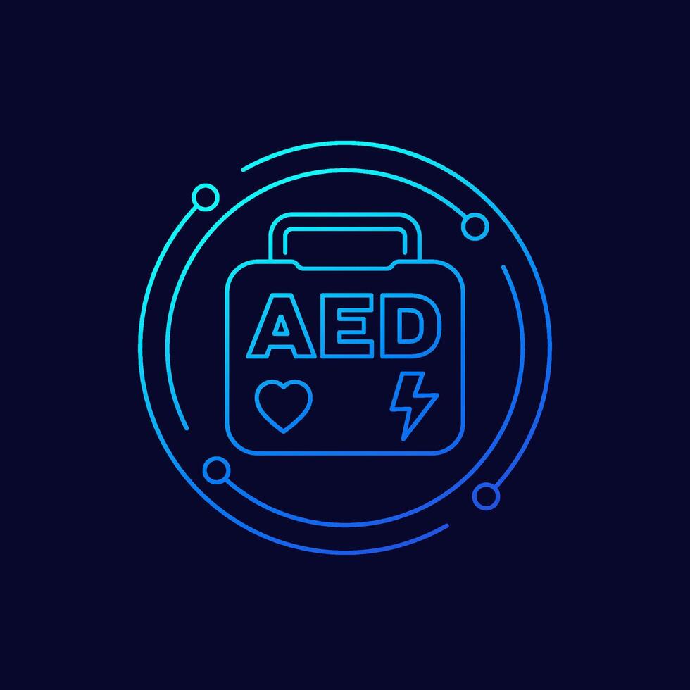 AED icon, automated external defibrillator bag, linear design vector