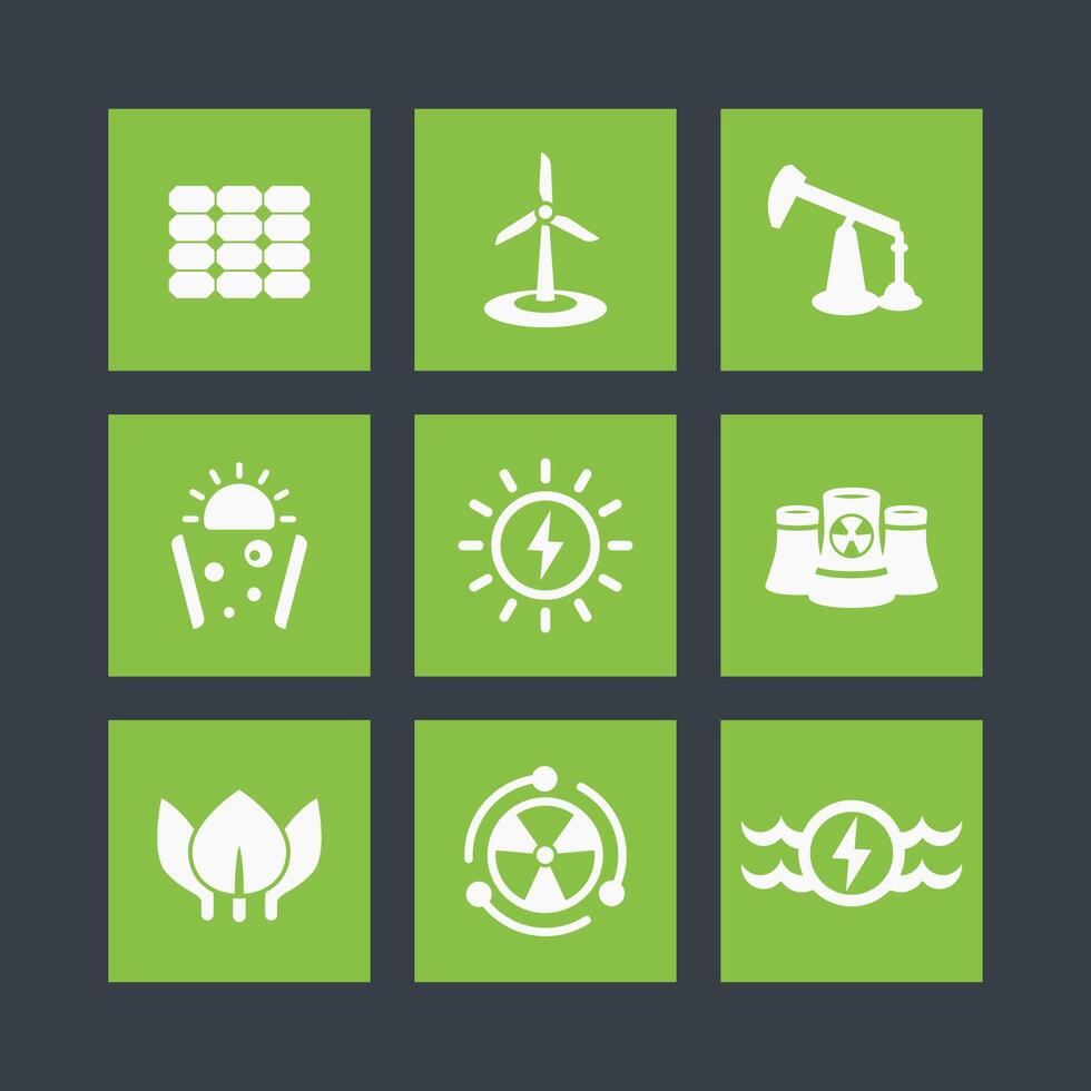 Power, energy production icons set, energetics, different sources of energy, solar, wind, nuclear, water vector