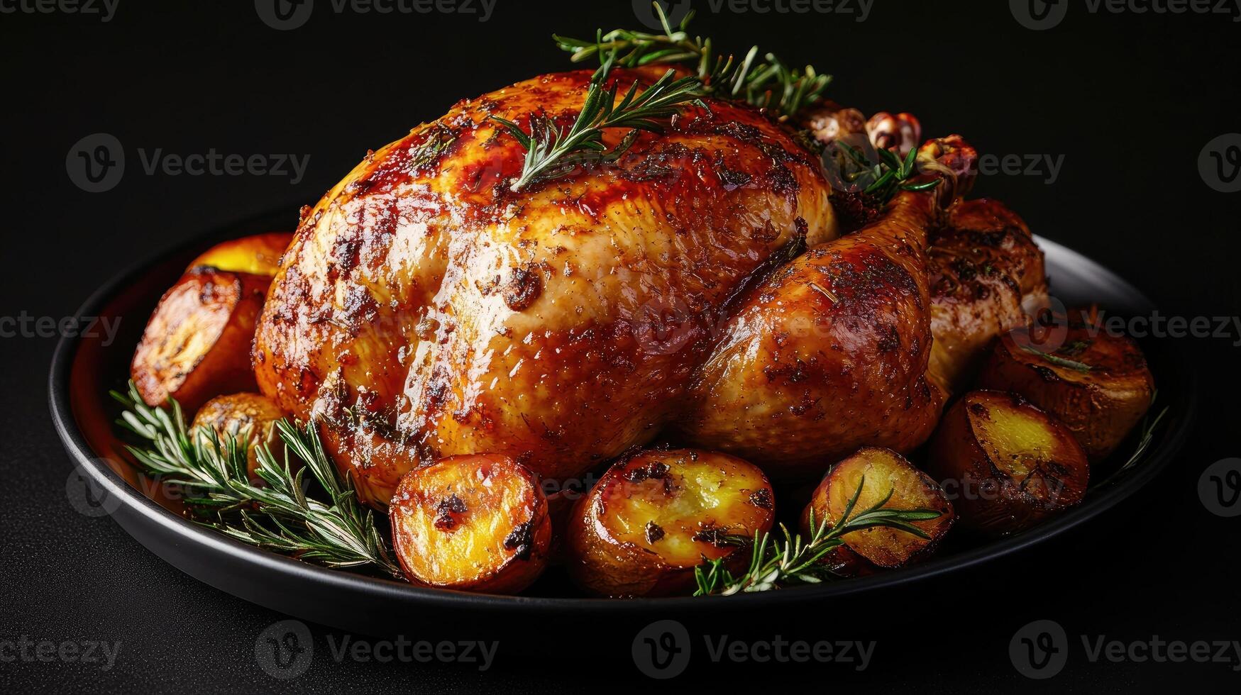 Roasted thanksgiving turkey decorated with fruits and herbs on a platter photo
