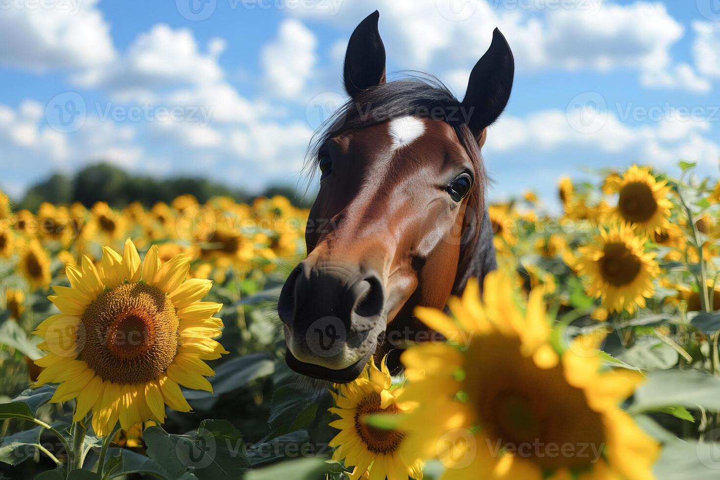 Curious horse exploring sunflower field on sunny day photo