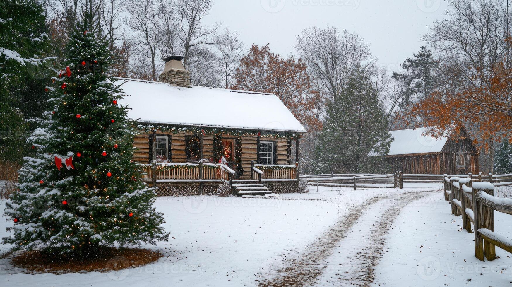 Christmas tree illuminating snowy log cabin during snowfall photo
