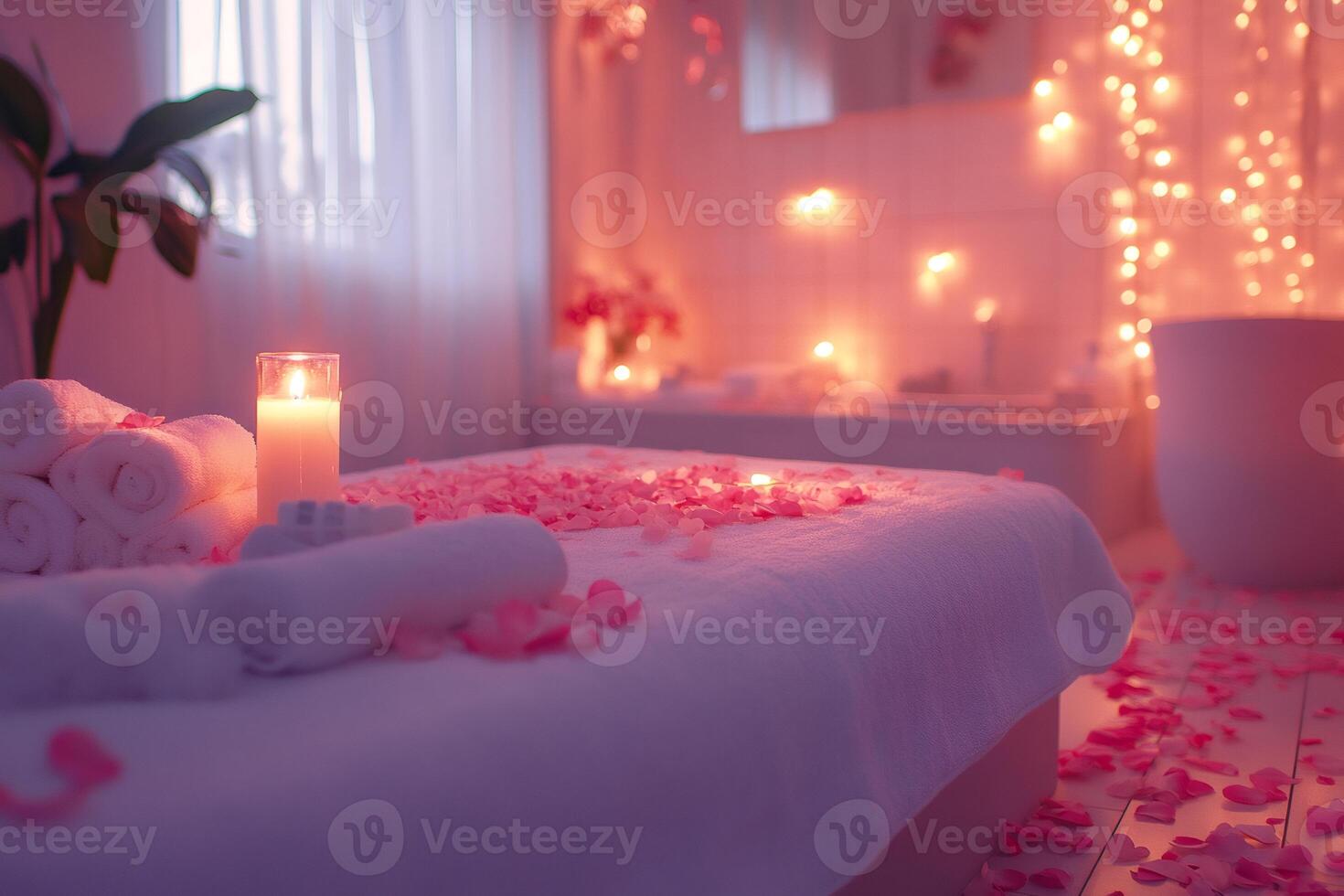 Romantic massage table decorated with pink petals and burning candles in spa room photo