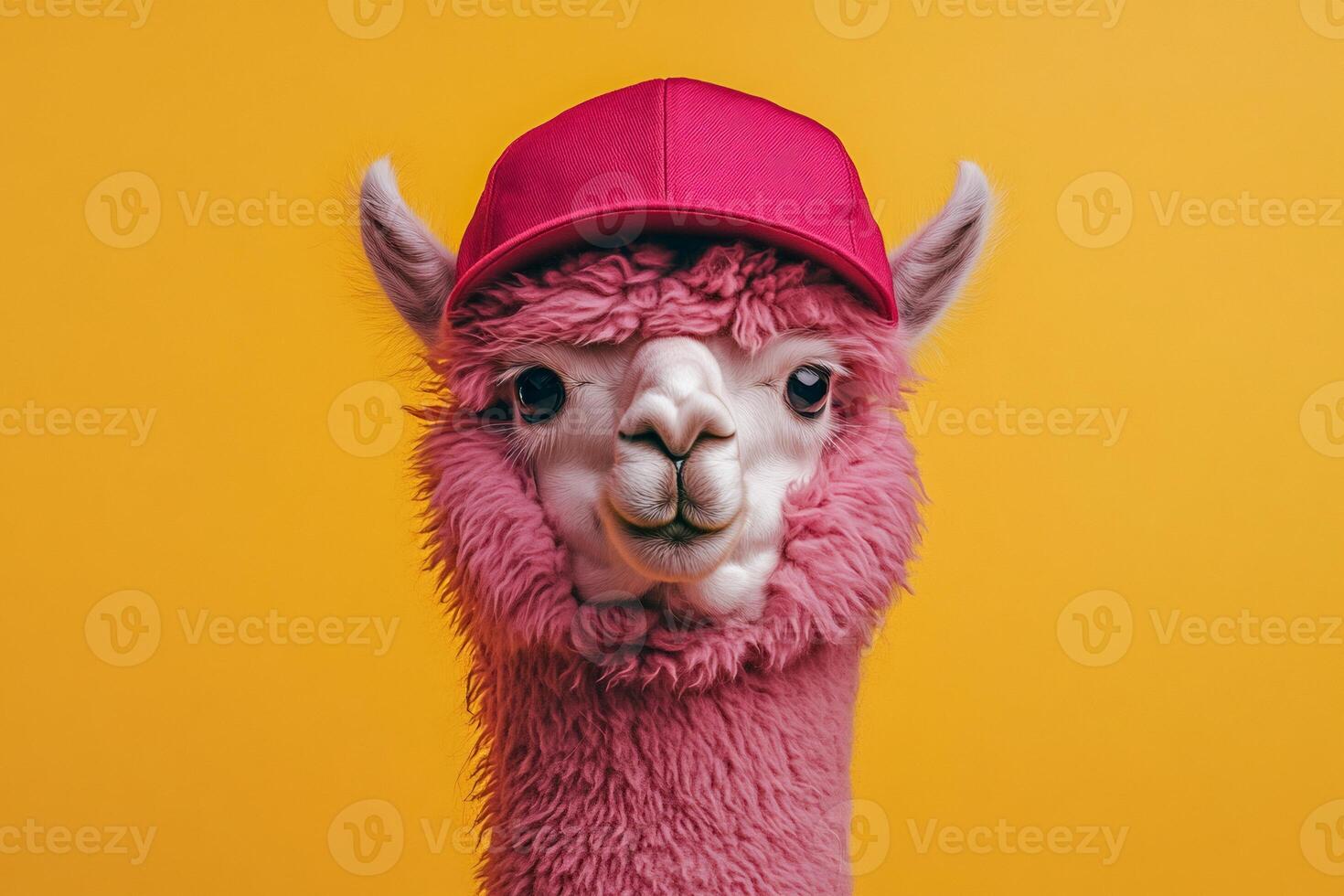 Pink alpaca wearing a pink cap on a yellow background photo