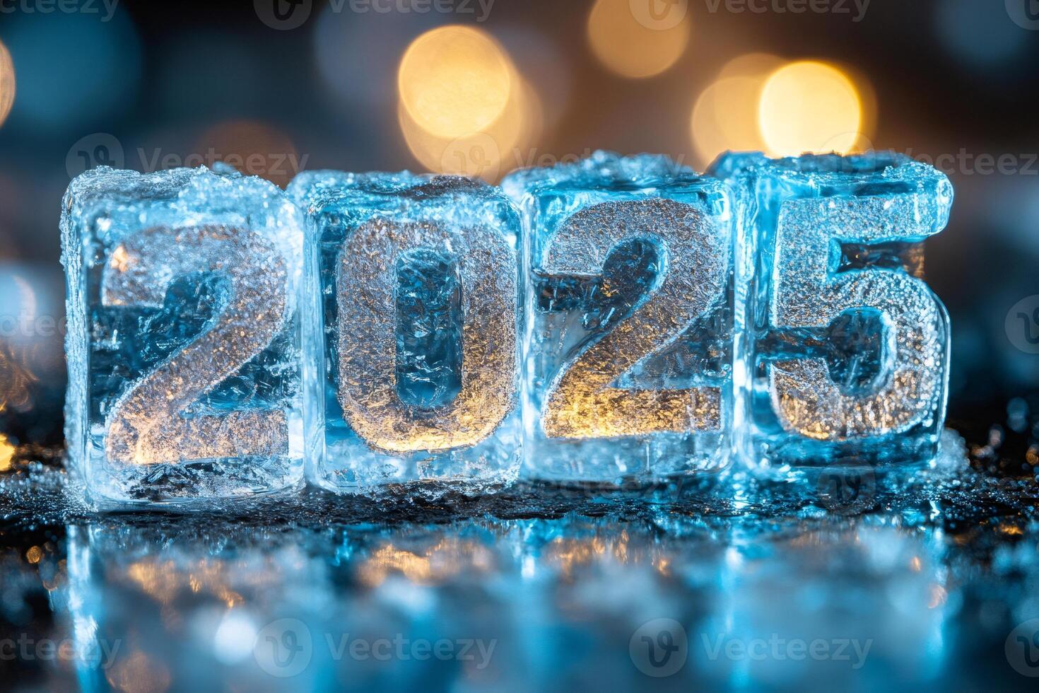 Ice cubes showing 2025 with melting effect and bokeh lights in background photo
