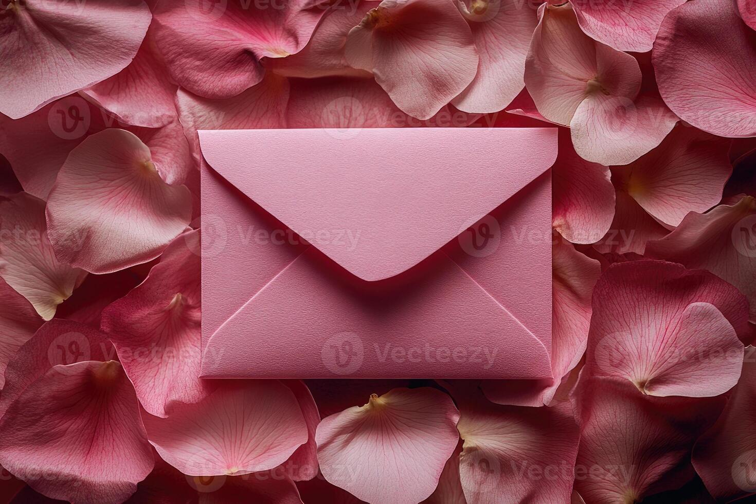 Pink envelope lying on a bed of rose petals conveys romance photo