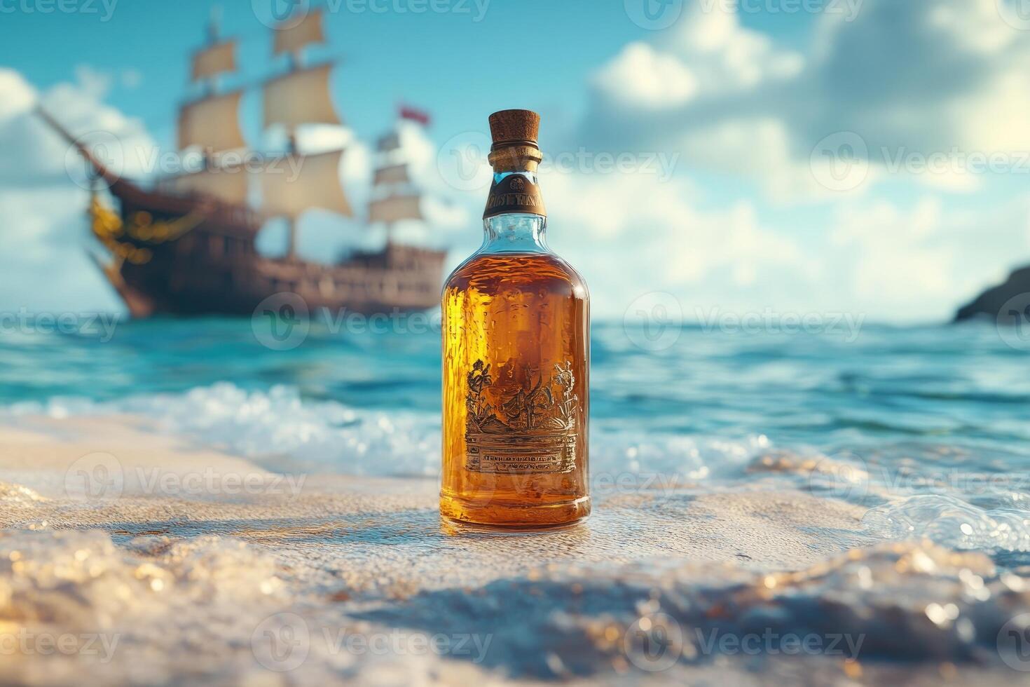 Bottle of aged rum washed ashore on a tropical beach with pirate ship approaching photo