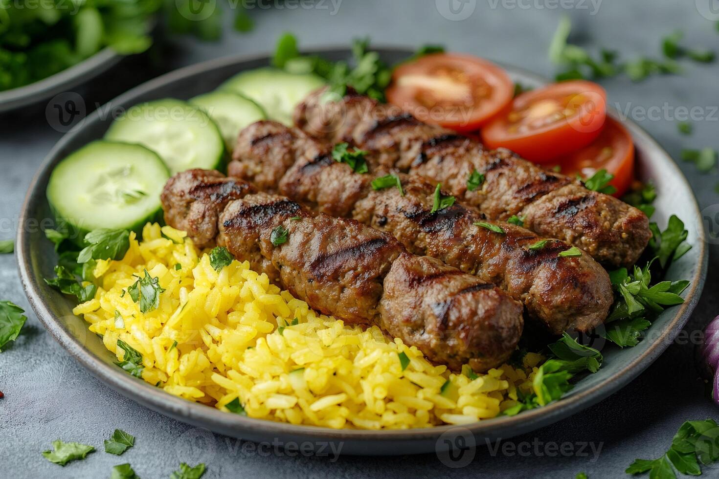 Grilled kofta kebabs with saffron rice and fresh vegetables, a middle eastern culinary delight photo