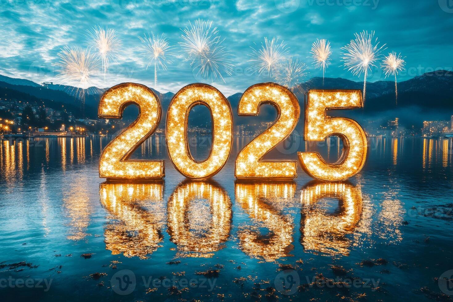 2025 new year celebration with fireworks exploding over city skyline and lake photo