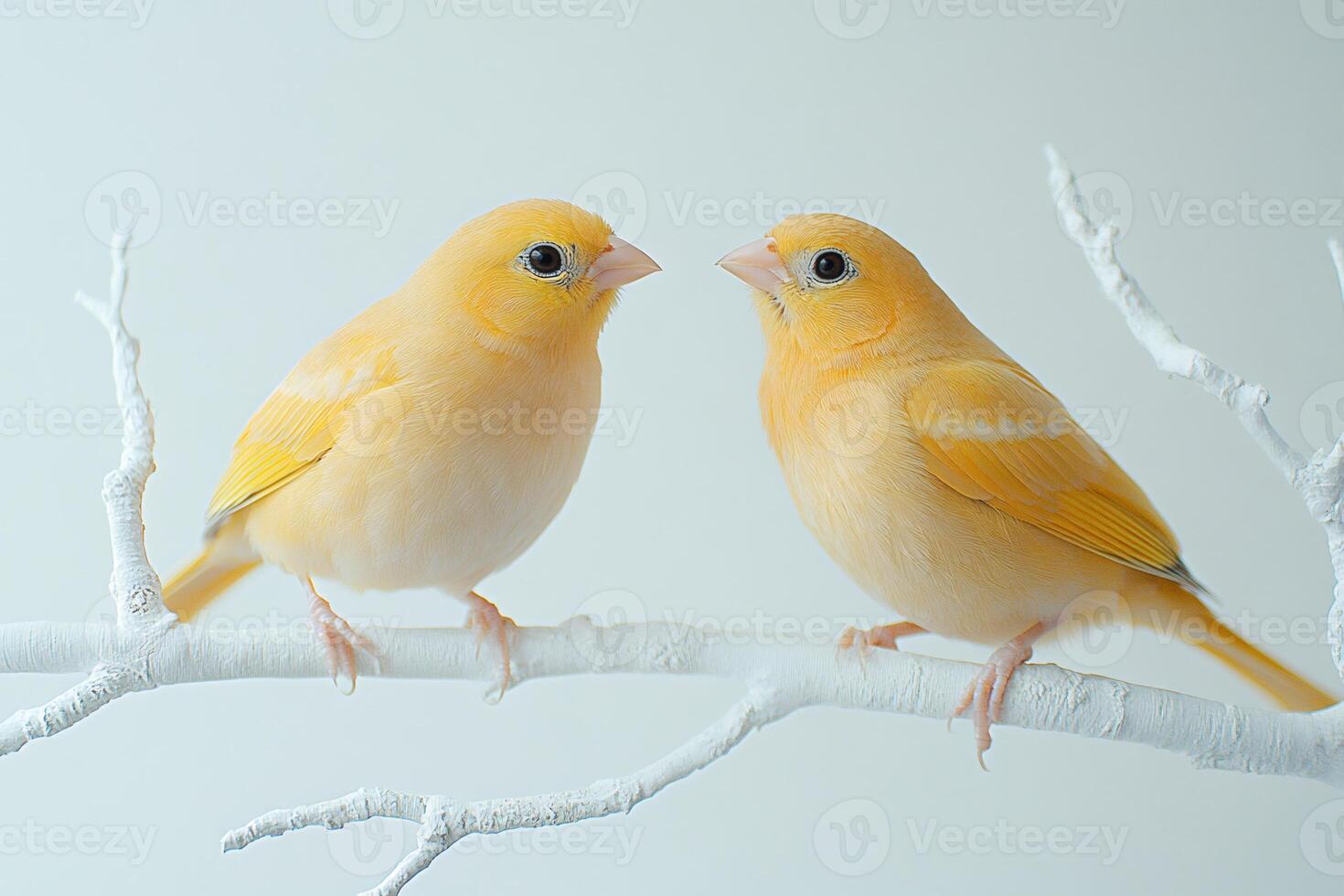 Two yellow canaries perched on a white branch photo