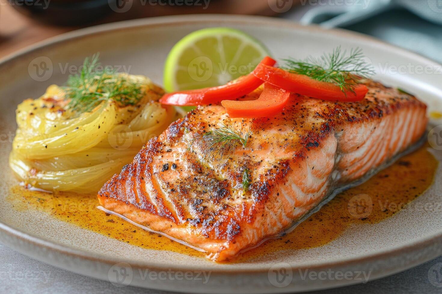Grilled salmon fillet with roasted fennel and red bell pepper, garnished with fresh dill and lime photo