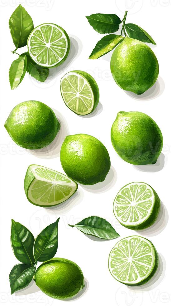 Fresh limes with leaves showing refreshing green colors photo