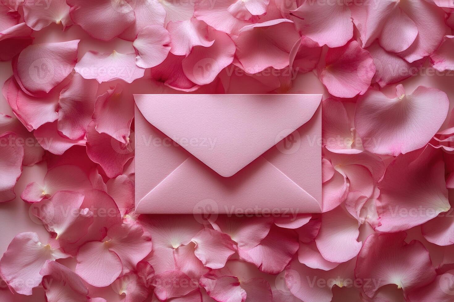Pink envelope lying on rose petals and pink roses conveys romance photo
