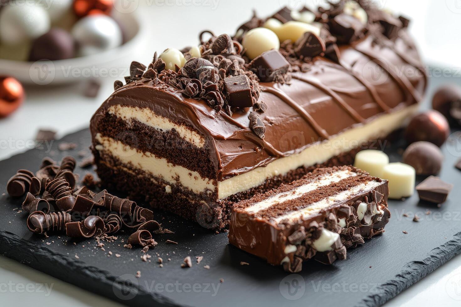 Delicious chocolate roll cake with whipped cream and chocolate shavings on slate plate photo