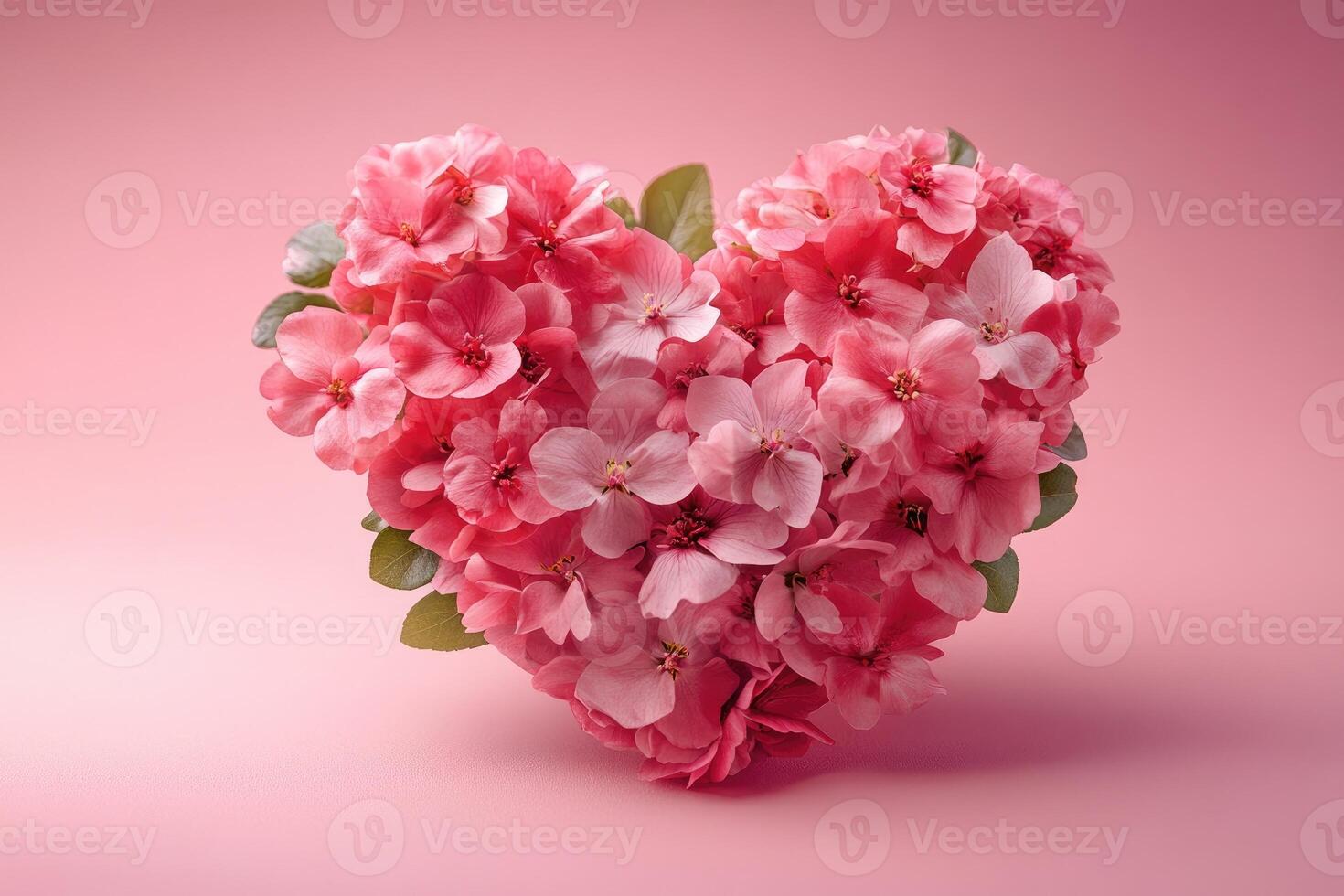 Pink flowers forming a heart shape on pink background photo