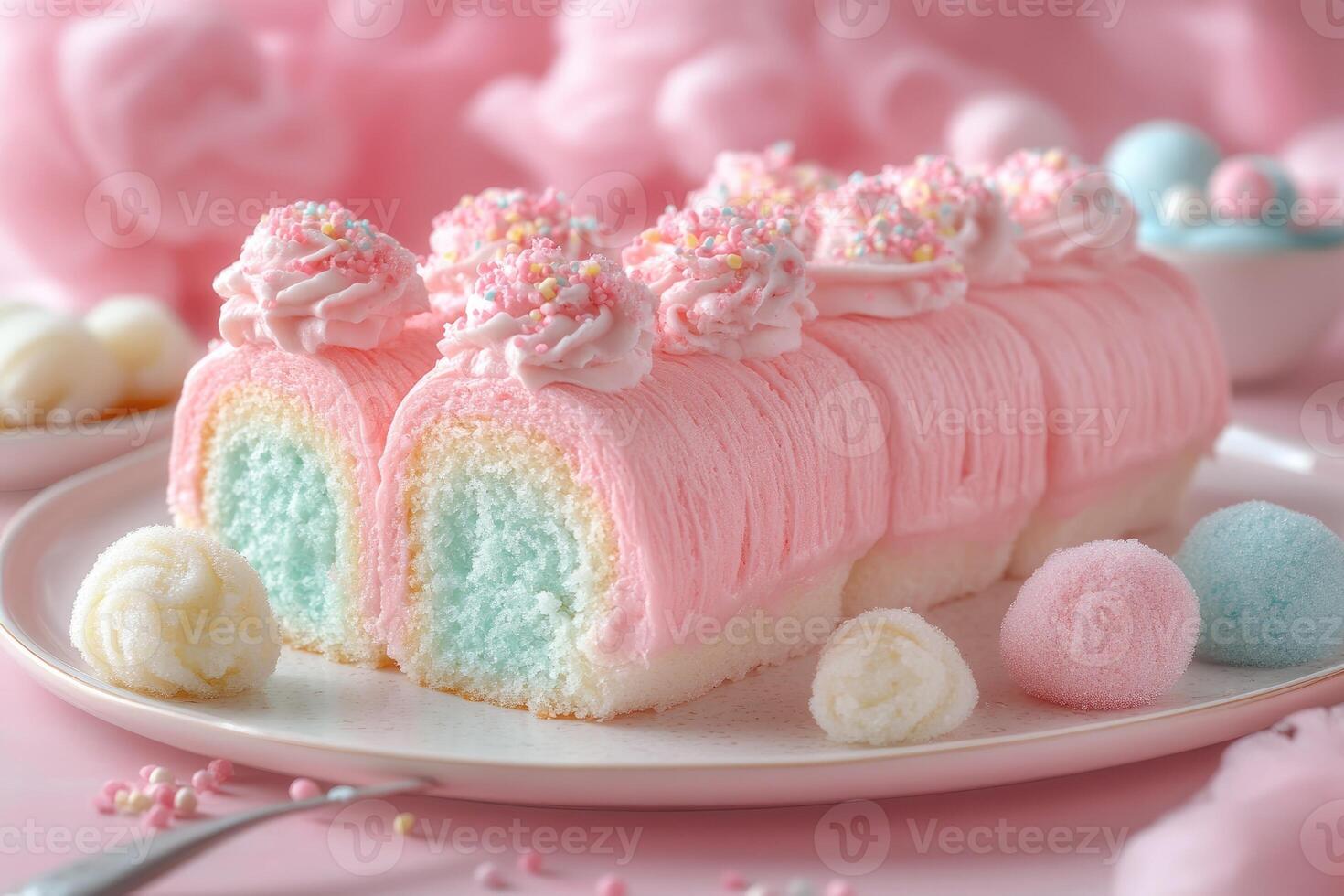 Delicious confetti cake roll covered in white frosting and sprinkles photo