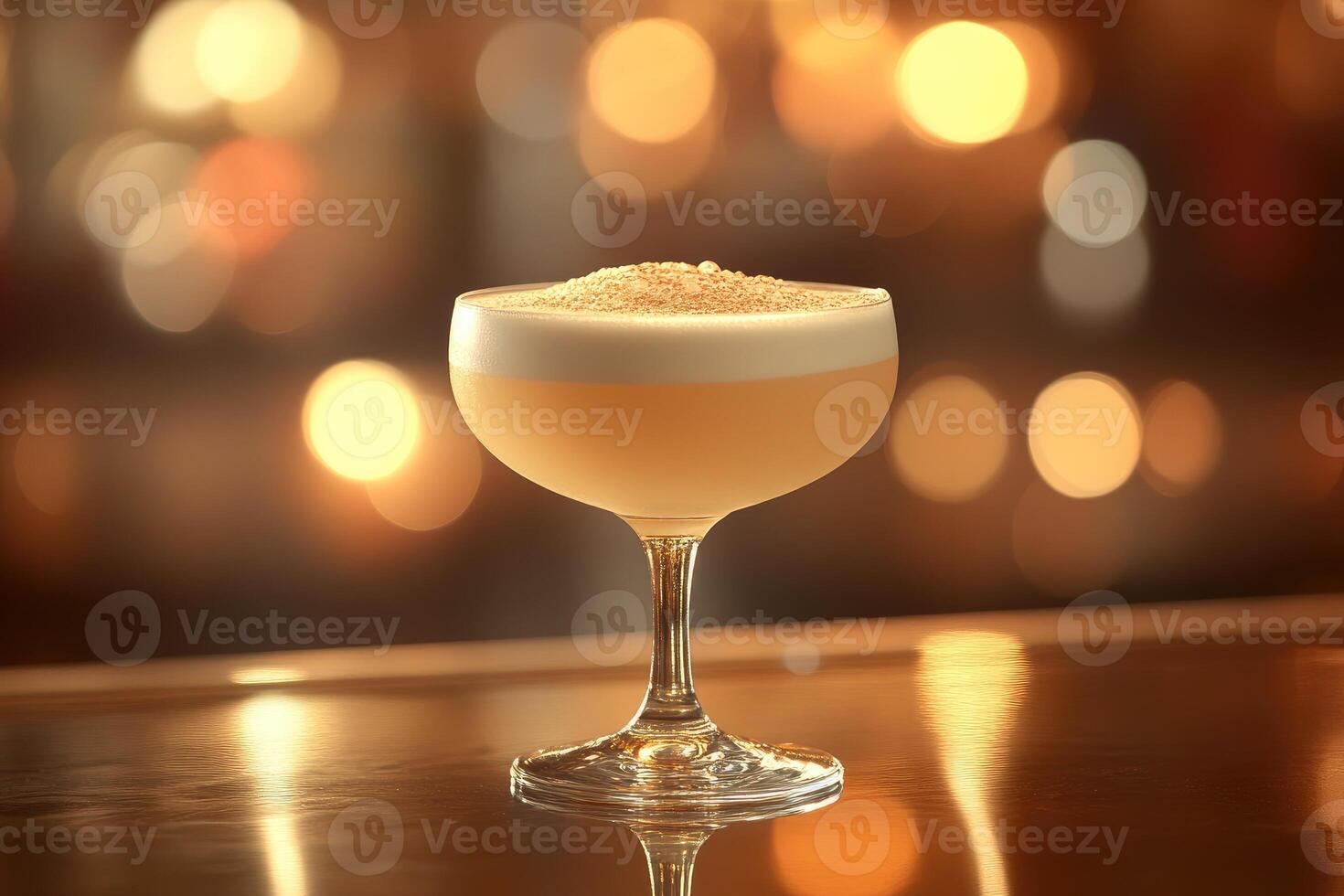 Refreshing brandy alexander cocktail standing on bar counter with blurred background lights photo