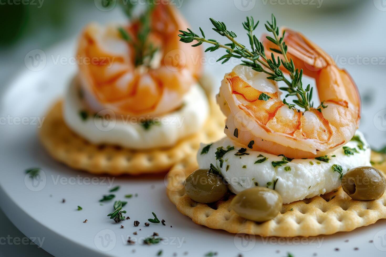 Delicious shrimp appetizer with cream cheese, capers, and rosemary on cracker photo
