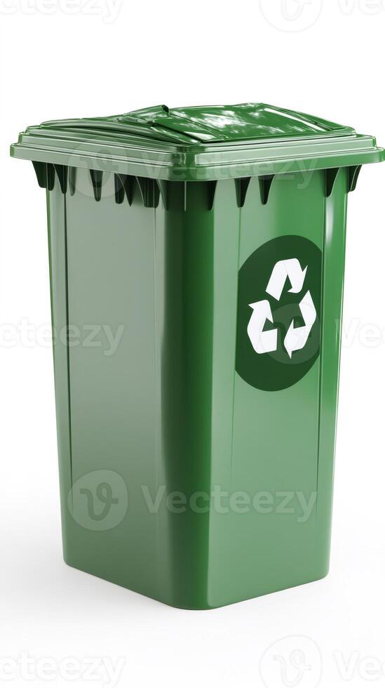 Green recycling bin promoting environmental sustainability and waste management photo