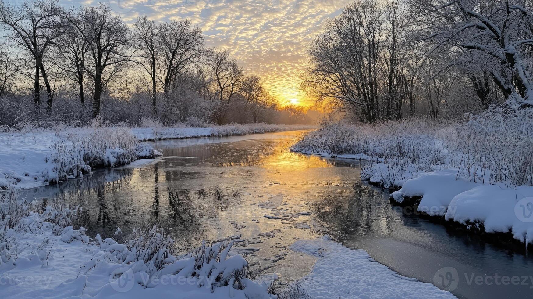Sunrise reflecting on partially frozen river in snowy winter landscape photo