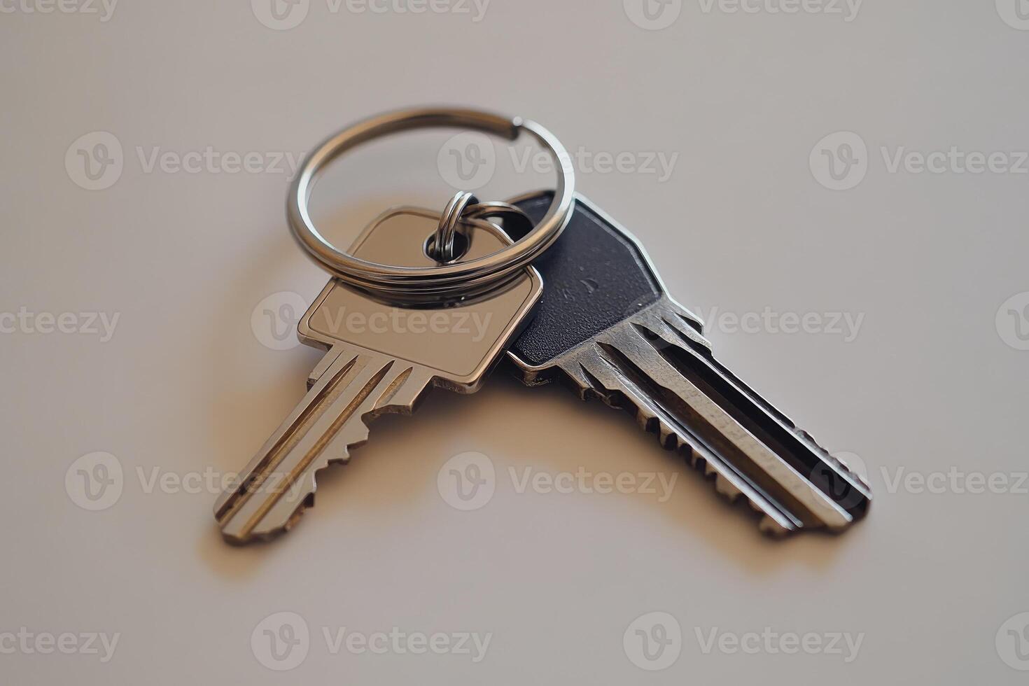 Two metal keys on key ring resting on white surface photo