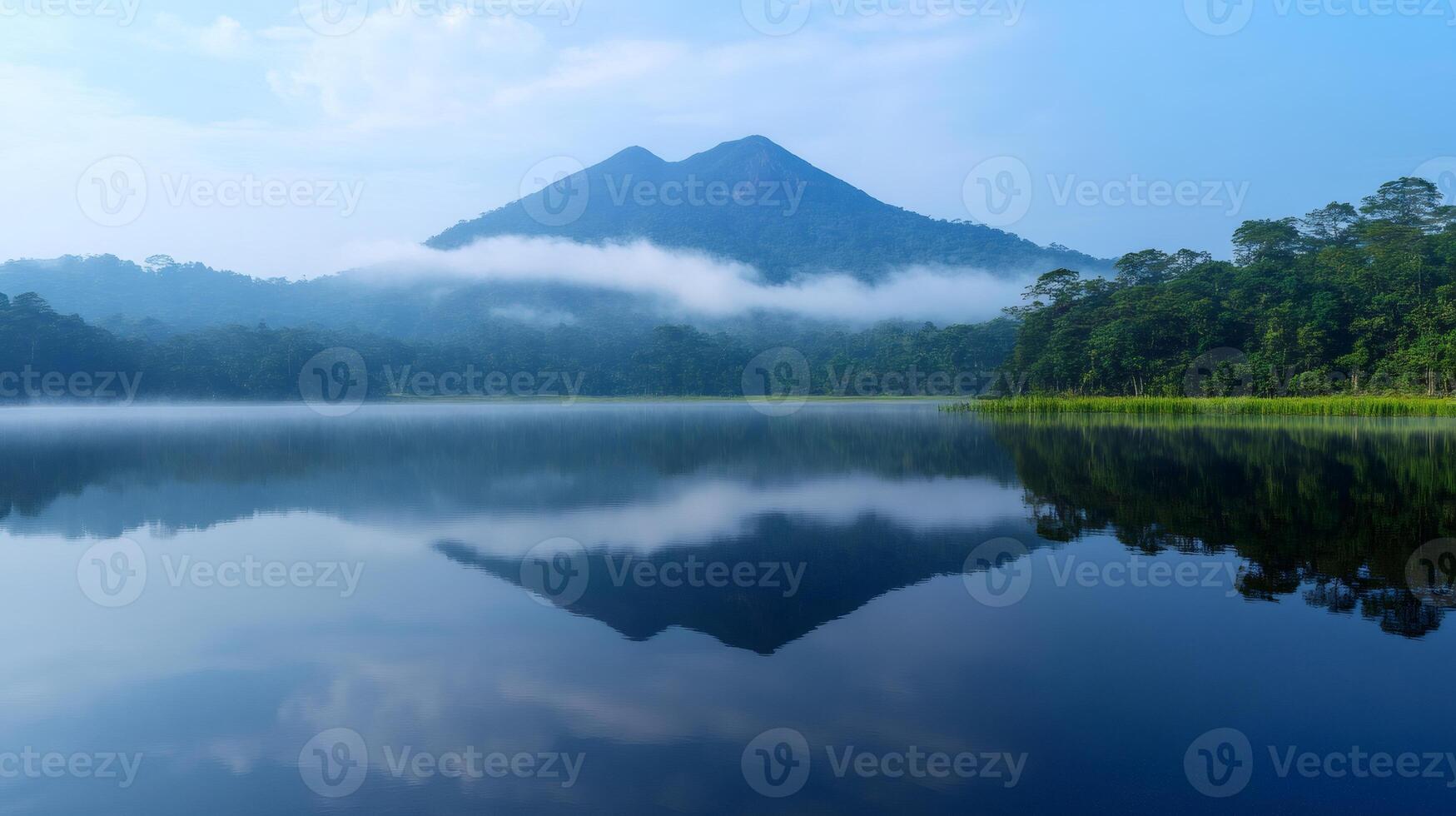 Lake and mountain reflecting in tranquil water at sunrise photo