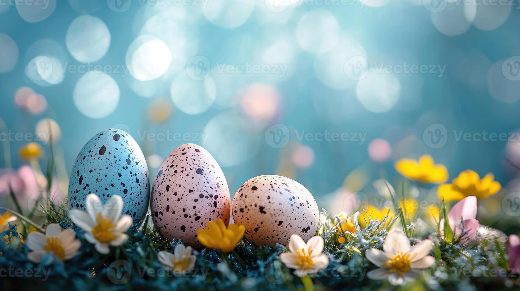 Easter eggs lying in green grass with spring flowers and bokeh effect photo
