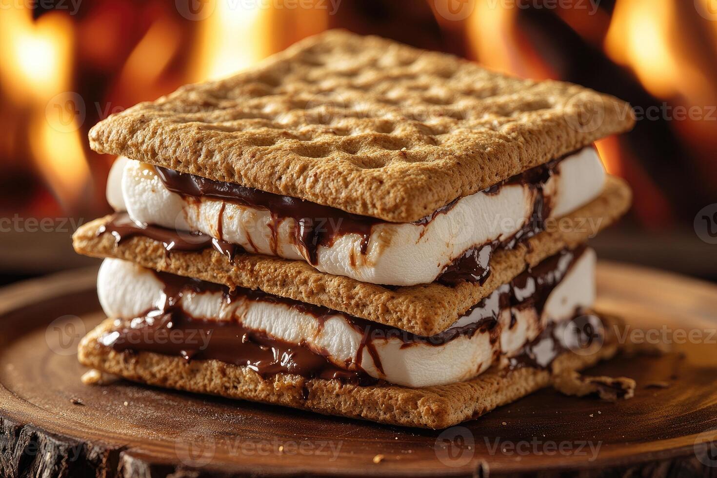 Delicious s'mores with melted chocolate and marshmallow resting on wooden board by cozy fireplace photo