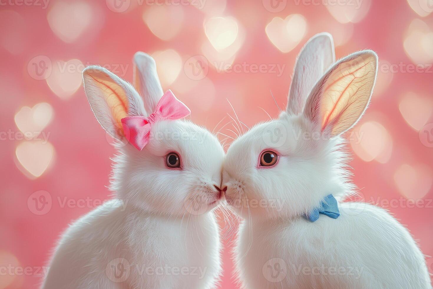Two white bunnies kissing on valentine's day with pink hearts background photo