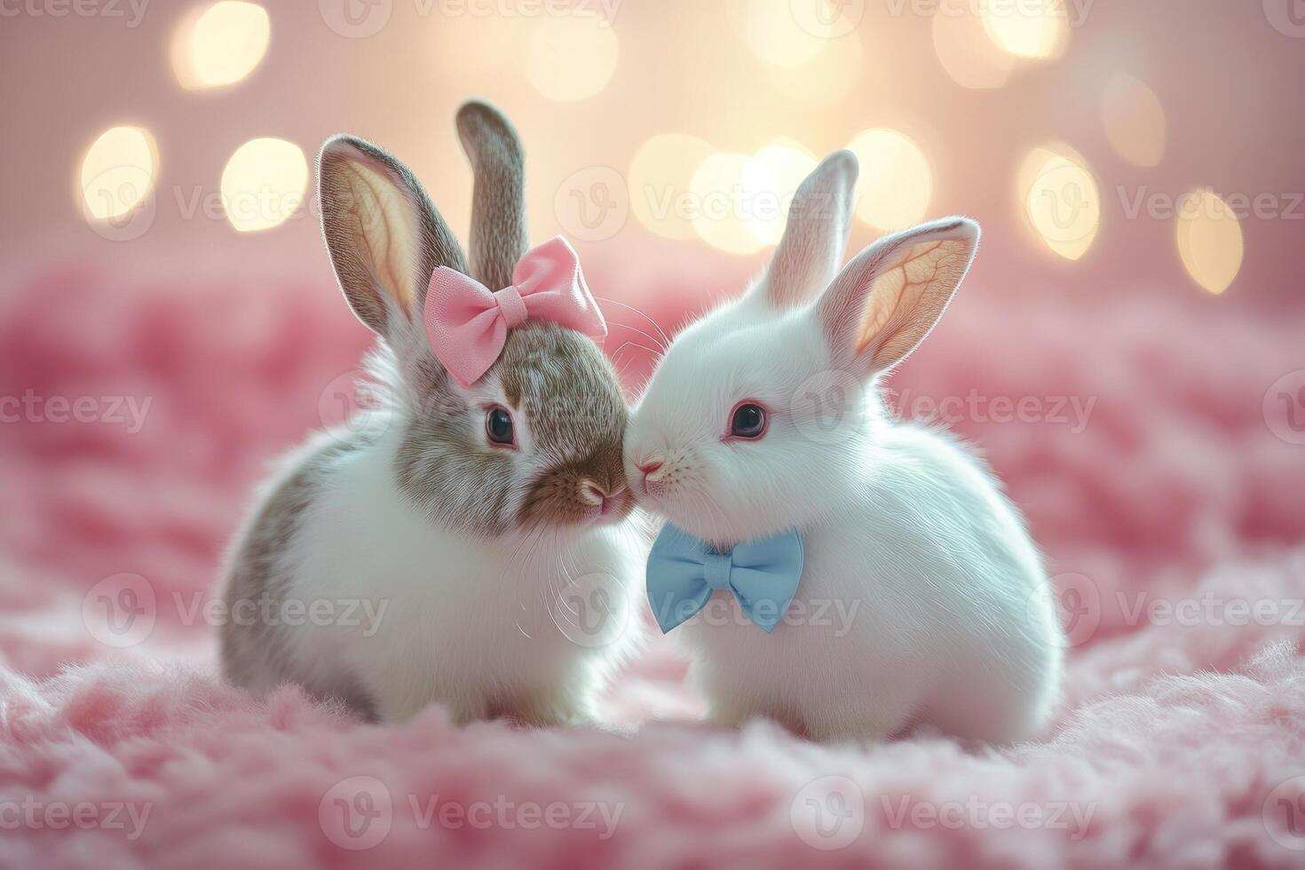 Two adorable rabbits wearing bows showing affection on pink background photo