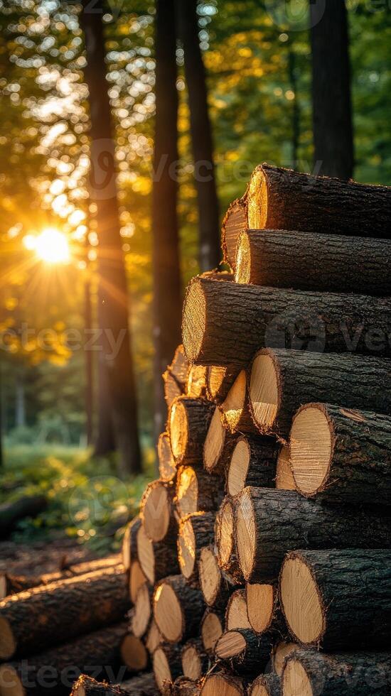 Stack of logs illuminating by golden hour sunlight in forest photo
