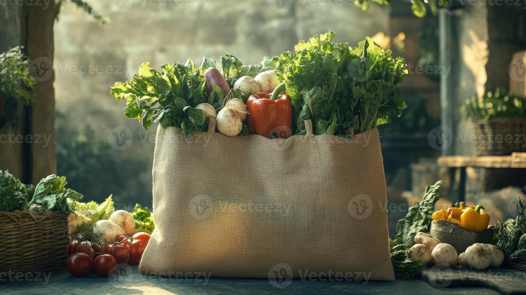 Burlap shopping bag overflowing with fresh vegetables from the farmer's market photo