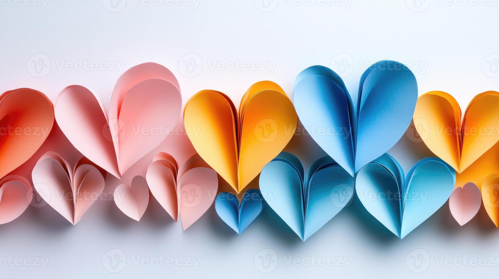 Colorful paper hearts creating a gradient effect on white background photo