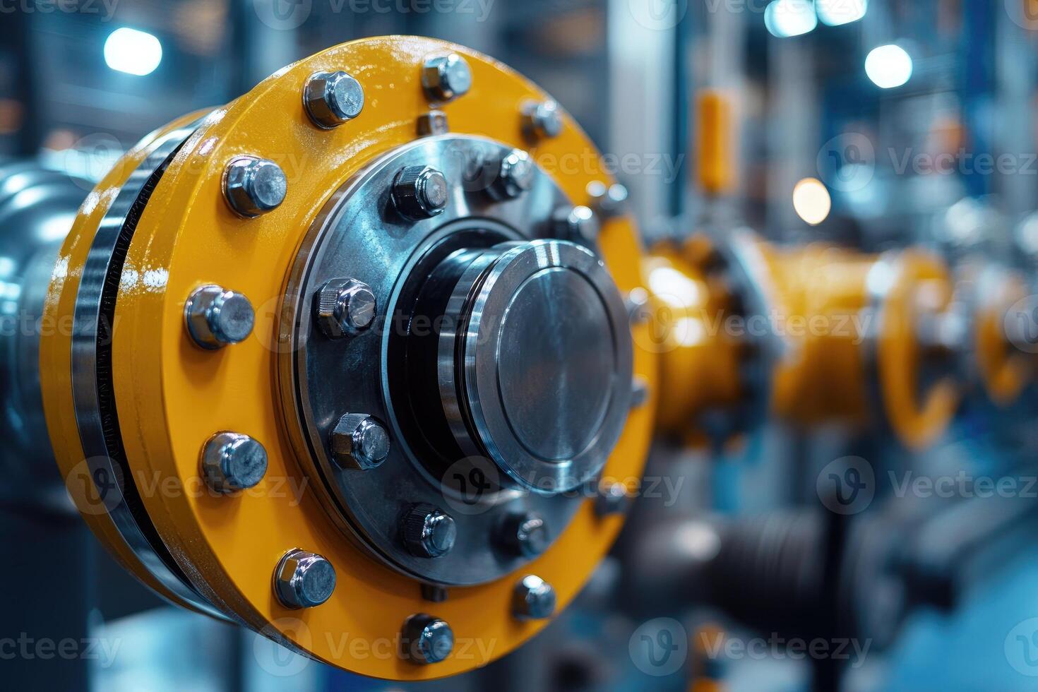 Industrial pipeline system showing flange with bolts connecting pipes in factory photo