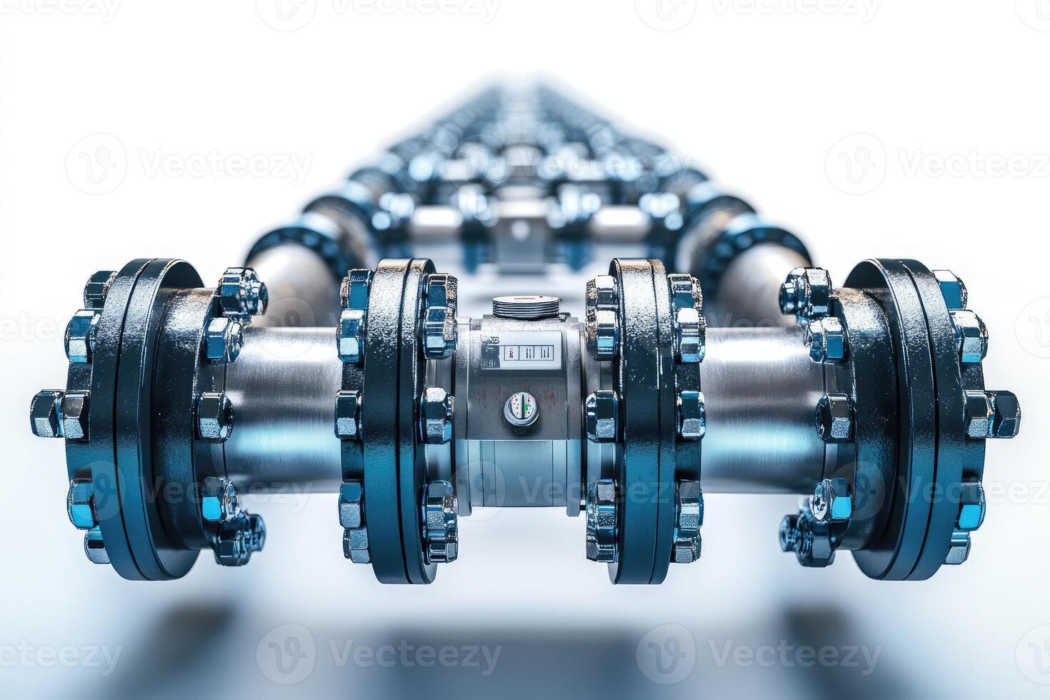 Industrial pipes with flanges and valves creating a perspective effect photo
