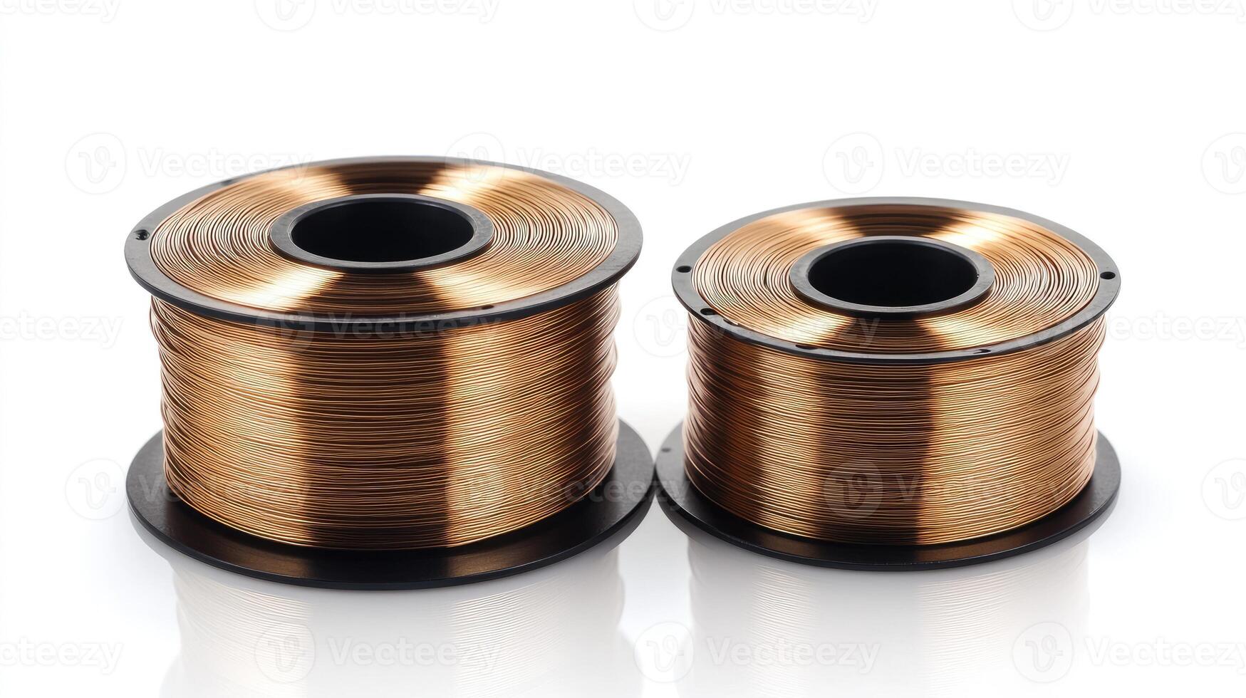 Copper wire spools reflecting on white background photo