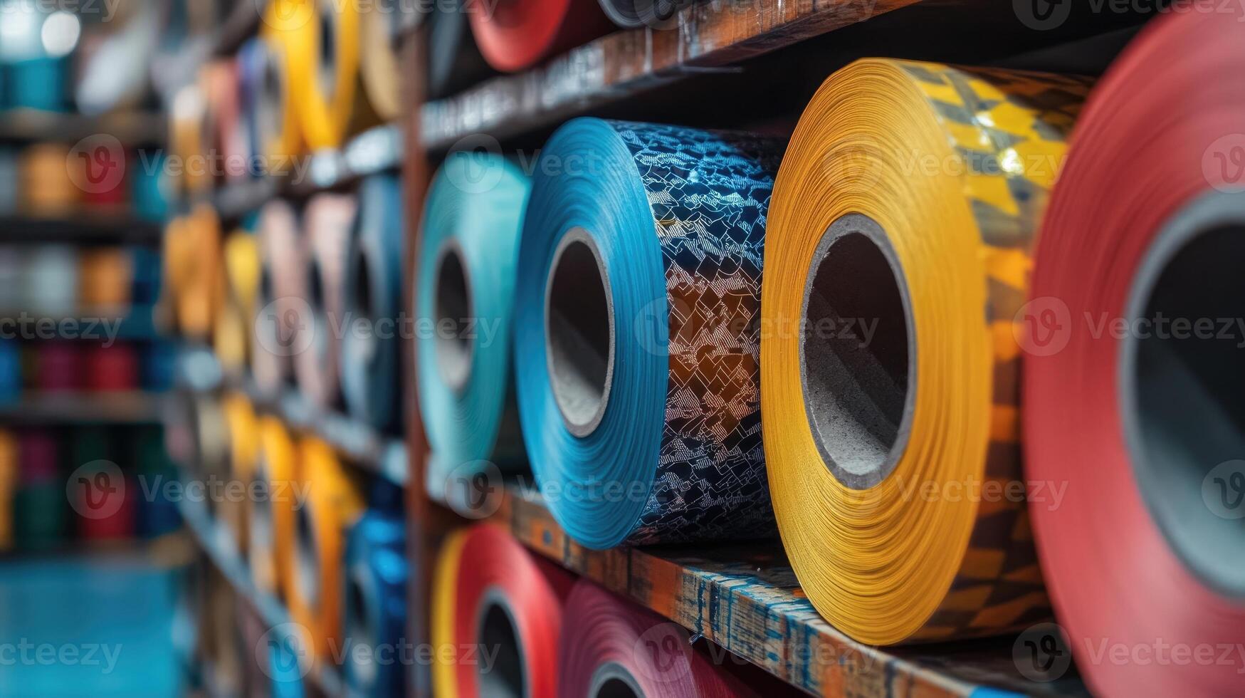 Colorful plastic rolls sitting on warehouse shelves ready for industrial use photo