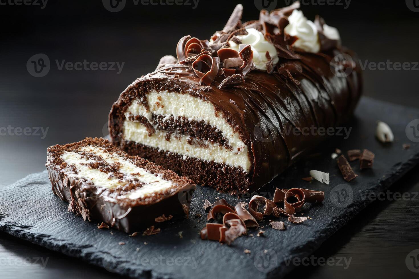 Delicious chocolate roll cake with whipped cream and chocolate shavings on slate plate photo