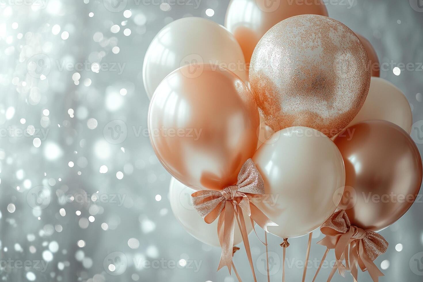 Bunch of peach and ivory balloons with glitter bow on silver bokeh background photo