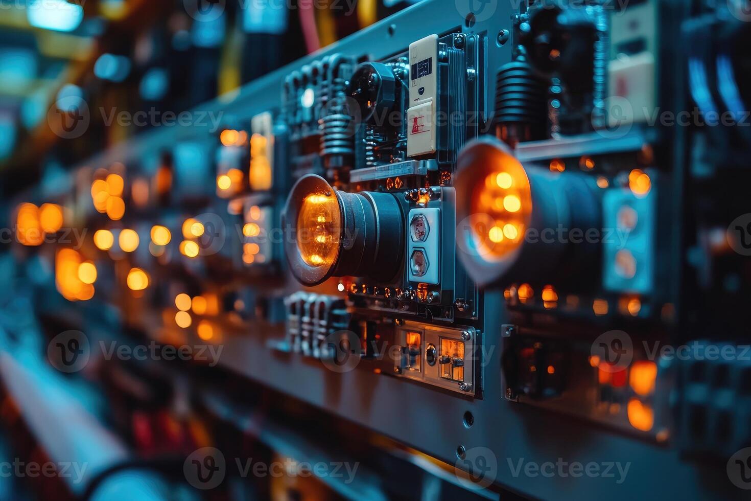 Control panel with orange lights and camera illuminating industrial setting photo