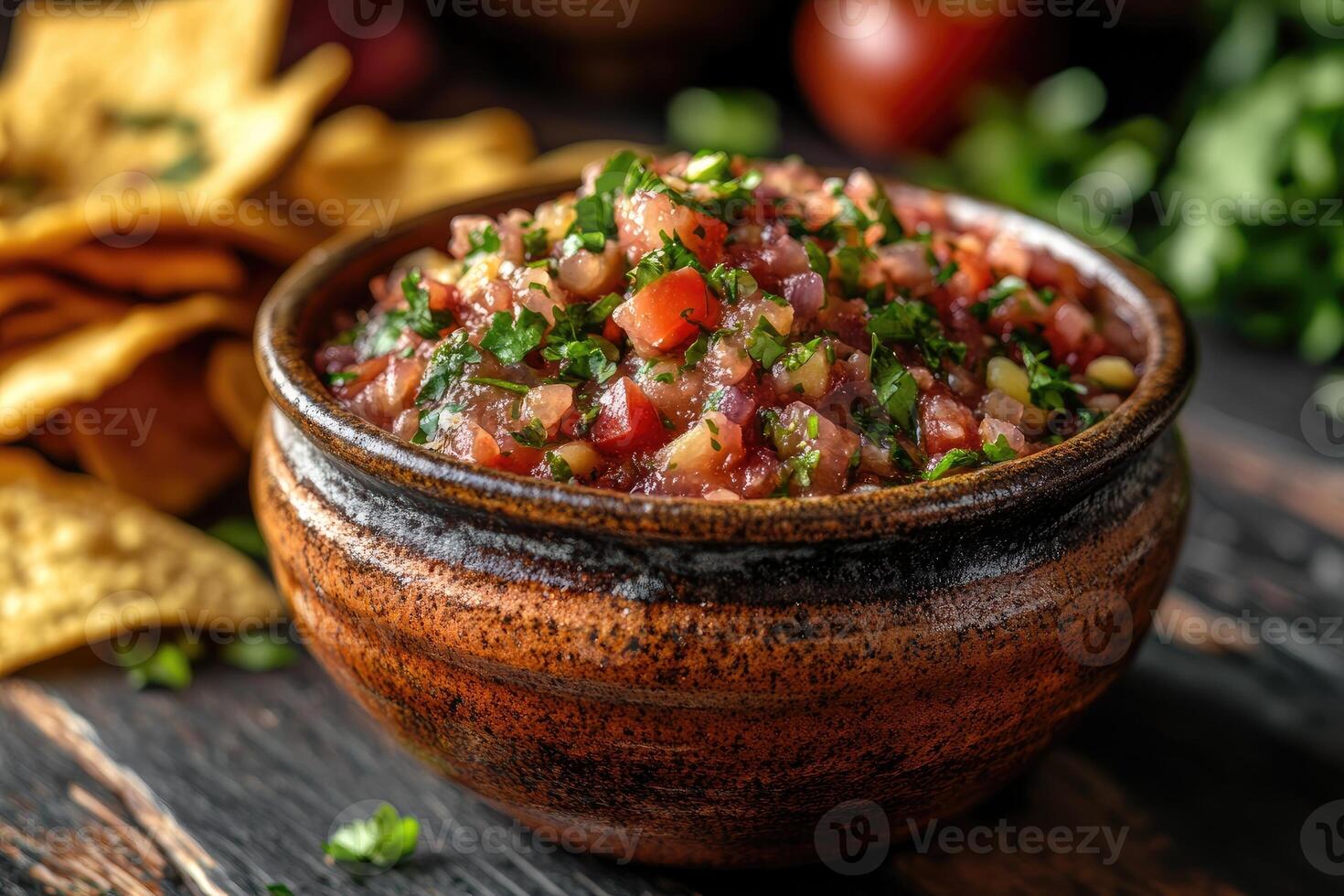 Delicious homemade salsa with tortilla chips and fresh ingredients photo