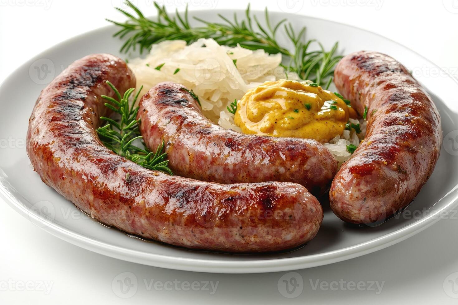 Grilled sausages with sauerkraut, mustard and rosemary on white plate photo