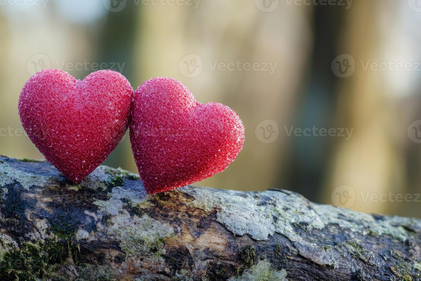 Two red glitter hearts showing love and romance resting on tree branch photo