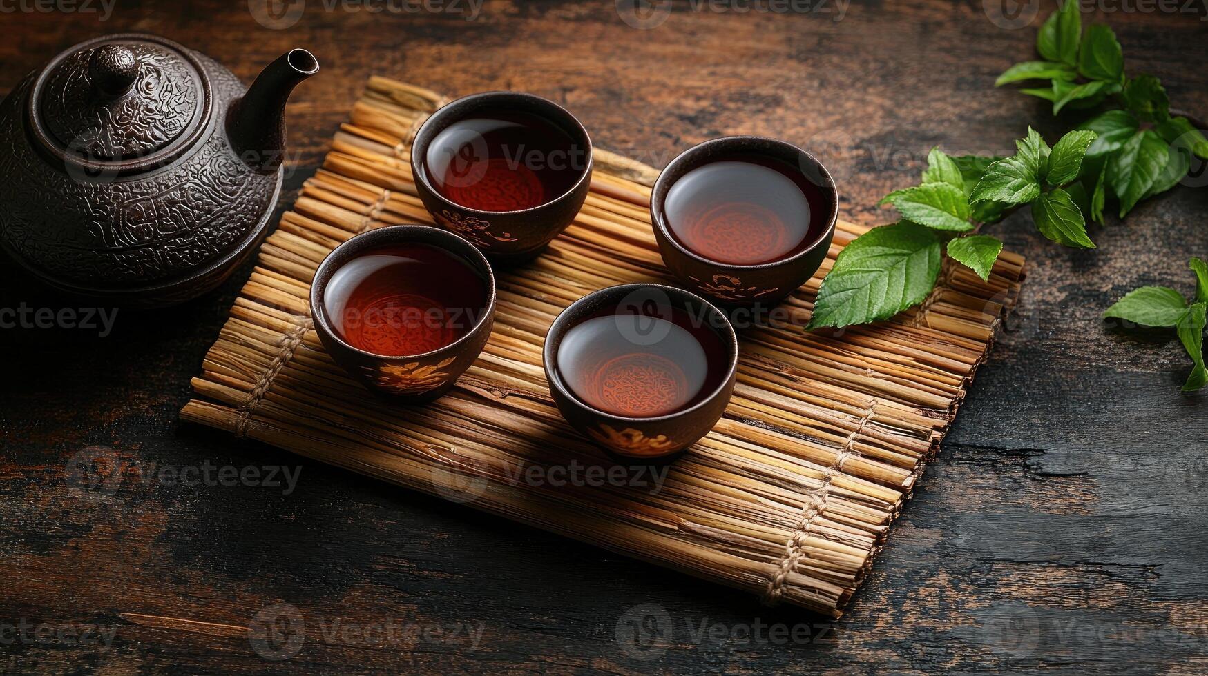 Tea ceremony showing traditional asian clay teapot and cups with green leaves photo