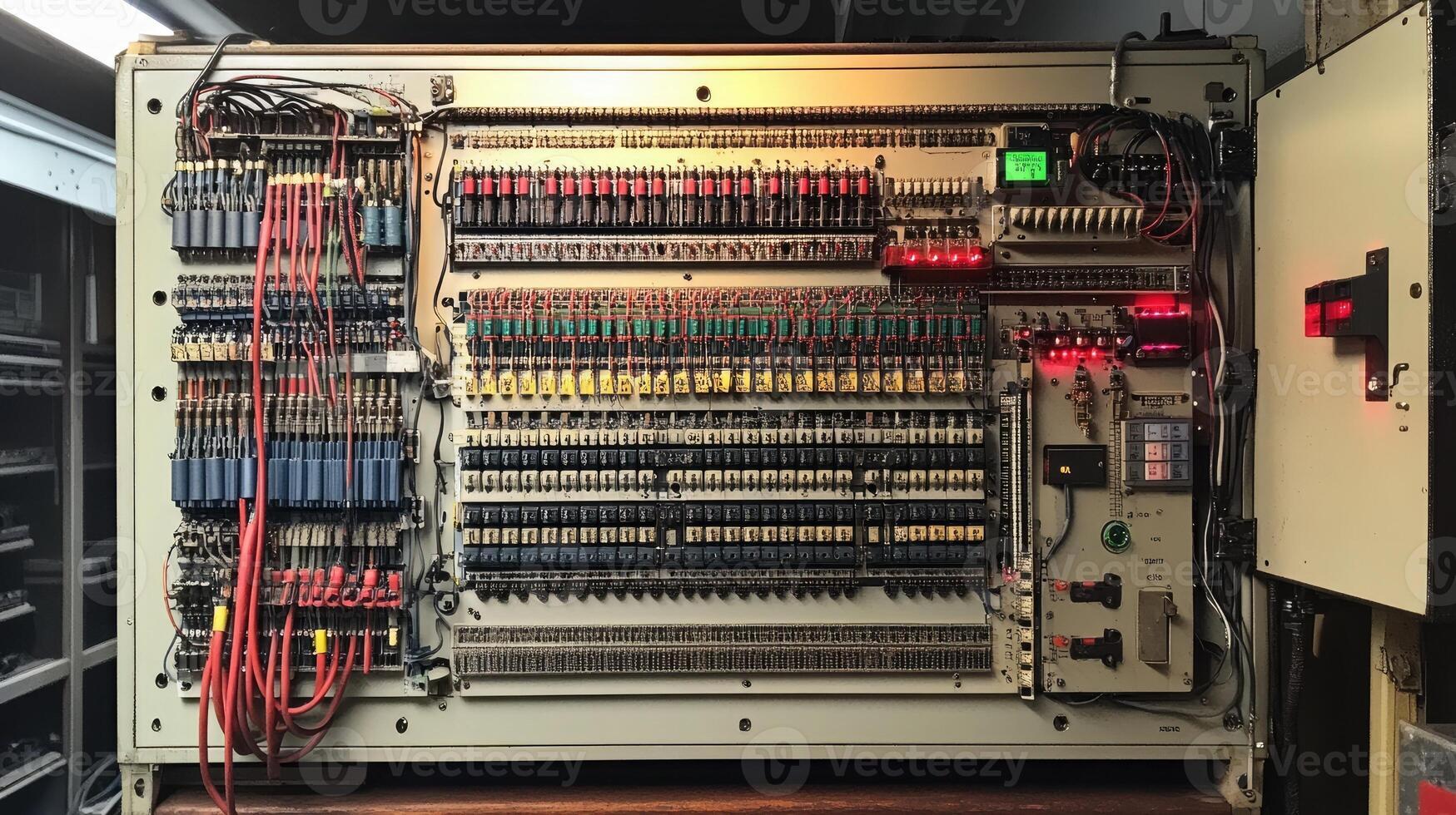 Complex electrical panel showing numerous wires, relays, and indicators in a data center photo